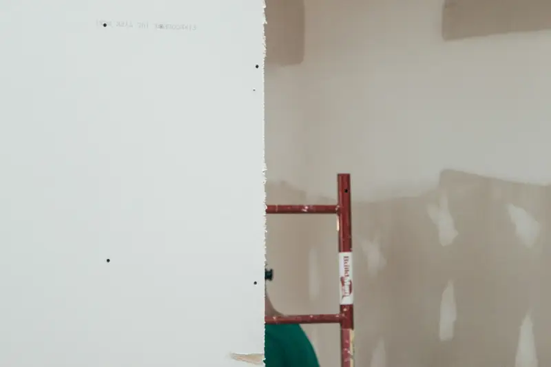 Plaques de plâtre posées, bandes et enduit de joint encore visibles, escabeau rouge