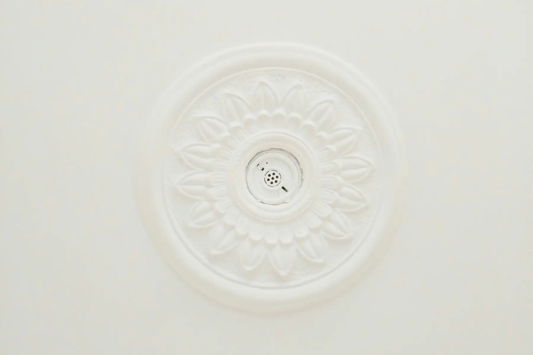 Rosace moulurée blanche au centre d’un plafond blanc