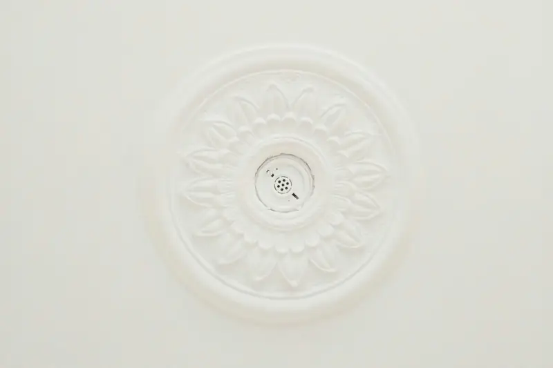 Rosace moulurée blanche au centre d’un plafond blanc